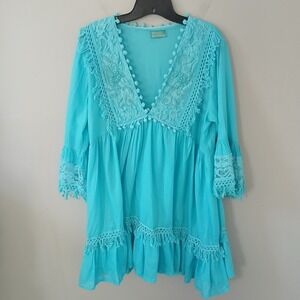 Antica Sartoria One‎ Size Sheer Dress Pom Pom Blue Tassels Cotton Midi Floral